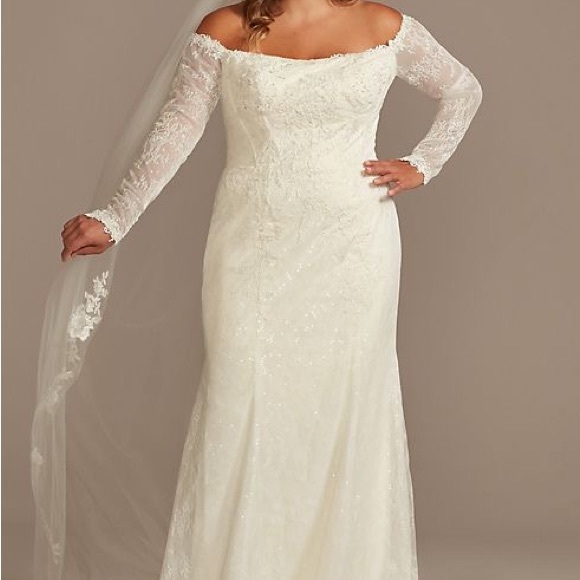Size 22 Long Sleeve Off-the-Shoulder Sequin and Pearl Lace Wedding Dress - Picture 2 of 5